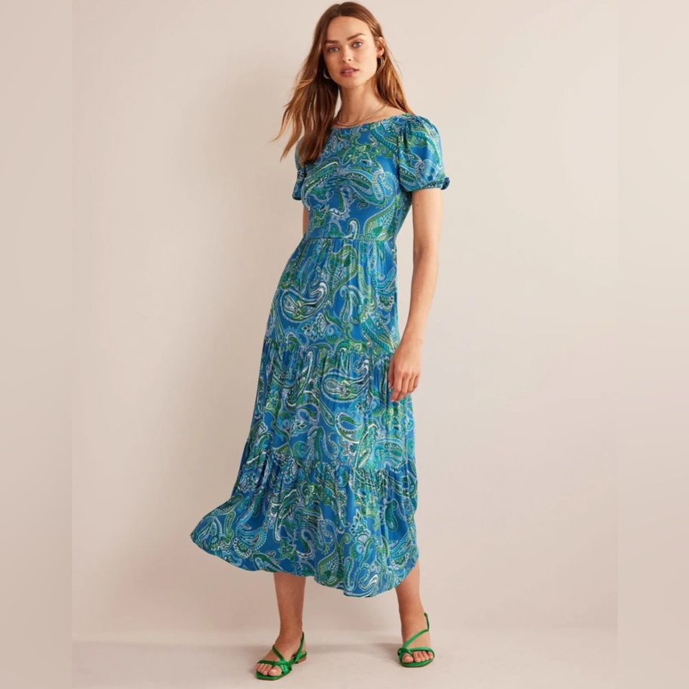 Boden Paisley Blue Green Jersey Maxi Dress Cut Out Back Tiered Pockets Size 6